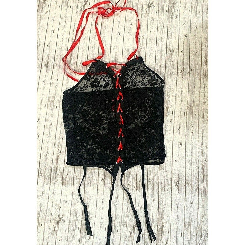 Seven Til Midnight Bustier Corset Bra Lingerie Lace Red Black "One Size Queen"